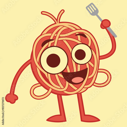 Cheerful cartoon spaghetti character with fork smiling 