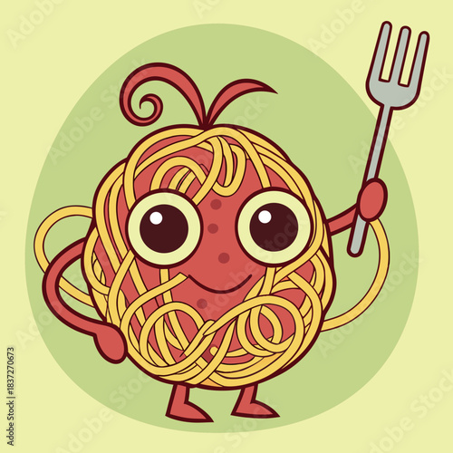Cartoon spaghetti with fork on a light green background