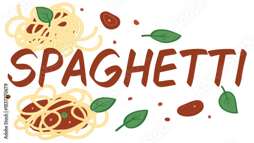 Spaghetti illustration with pasta, leaves, and sauces