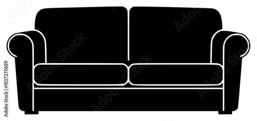 A black and white silhouette of a two-seater sofa, armchair, black, chair, couch, flat, furniture, icon, illustration, pad, pillow, profile, style, against transparent background