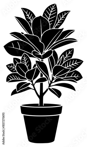 A black and white silhouette of a potted plant with leaves, black, houseplant, icon, illustration, plant, pot, profile, against transparent background