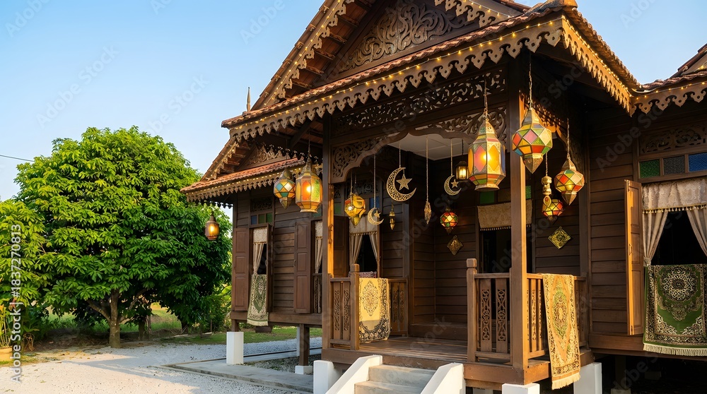Obraz premium Traditional Malay House with Islamic Decorations for Ramadan and Eid Celebration