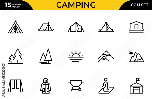 Camping line icon set. Pixel perfect. The set includes a Camping, Hiking, Compass, Mountain, Fishing, Tourism. Thin outline icons pack. Vector illustration