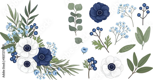Elegant blue and white anemone flowers with eucalyptus leaves and delicate baby's breath, vector illustration for invitations and designs