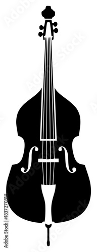 A black and white silhouette of a double bass, black, bow, cello, icon, illustration, instrument, profile, string, violin, against transparent background