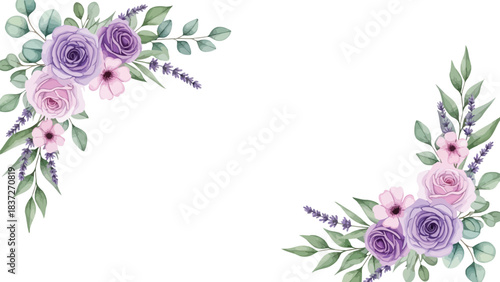 Elegant Watercolor Floral Corner Borders with Purple Roses, Pink Blossoms, Lavender, and Eucalyptus Leaves on White Background
