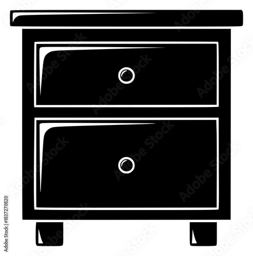 A black and white silhouette of a nightstand with two drawers, black, bureau, chest, drawer, dresser, furniture, icon, illustration, nightstand, profile, against transparent background