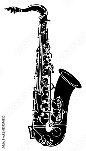 A black and white silhouette of a saxophone, black, clarinet, illustration, instrument, music, profile, sax, against transparent background