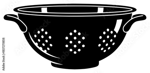A black and white silhouette of a colander with handles, black, colander, icon, illustration, kitchenware, polka dot, pot, profile, strainer, against transparent background