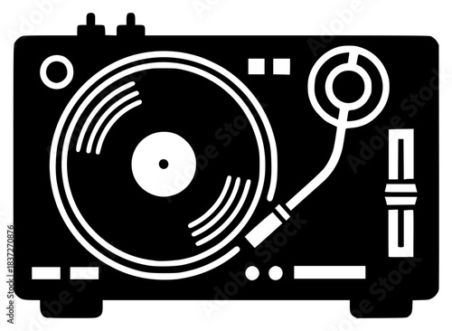 A black and white icon of a turntable with a vinyl record, black, electronic, equipment, flat, icon, illustration, radio, record, record player, speaker, against transparent background