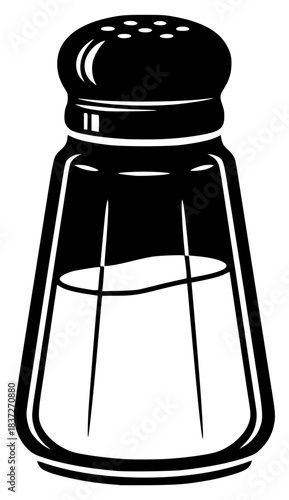 A black and white illustration of a salt shaker, black, glass jar, grinder, illustration, lid, powder, profile, salt, salt shaker, shaker, stool, against transparent background