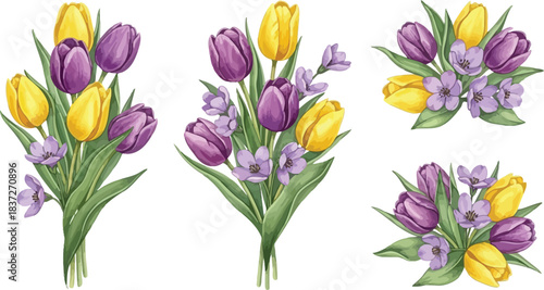 Watercolor illustration set of vibrant yellow and purple tulip bouquets with fresh green leaves, perfect for spring designs.