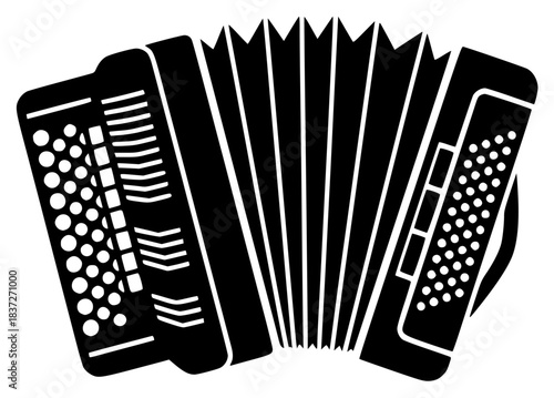 A black and white silhouette of an accordion, accordion, black, flat, icon, illustration, instrument, music, profile, style, white, against transparent background