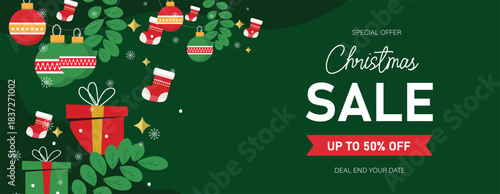 merry christmas sale offer banner with winter night christmas decorative element , gift box, tree, leaf, bell, snowflakes, 
