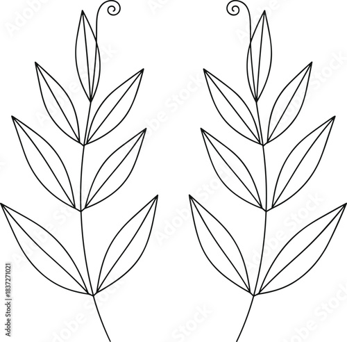 Collection of simple, bold outline drawings of floral and botanical elements, featuring a single rose in full bloom and two stylized leafy stems with curling tips,