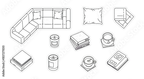 minimalist black and white line art icons of cozy hygge home essentials a sectional sofa books lit candles and tea cups for comfort.