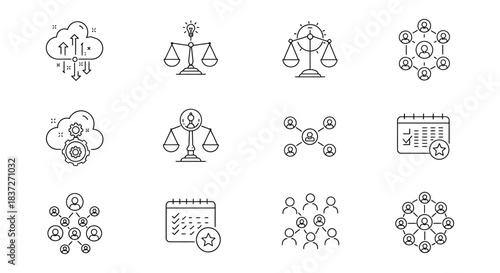 line icons for business technology management and hr depicting cloud computing innovation justice networking planning and teamwork.