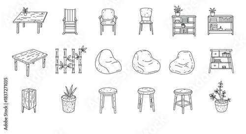 minimalist hand drawn outline icons of home furniture and indoor plants ideal for modern interior design and domestic decor.