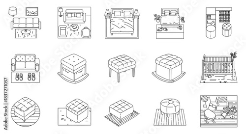 minimalist home furniture line art icons for interior design projects featuring living rooms bedrooms and various ottomans