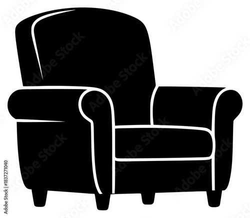 A black and white silhouette of a recliner chair, armchair, black, chair, daybed, icon, illustration, profile, swivel chair, against transparent background