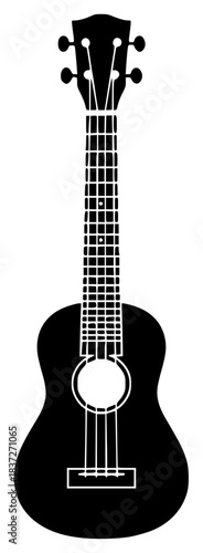 A black and white silhouette of an acoustic guitar, black, flat, guitar, icon, illustration, instrument, profile, string, ukulele, against transparent background