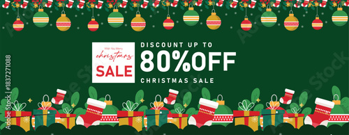 merry christmas sale offer banner with winter night christmas decorative element , gift box, tree, leaf, bell, snowflakes, 

