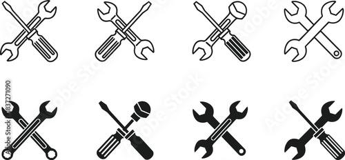 Minimal tools icon set with crossed wrench screwdriver symbols for repair service, maintenance engineering, construction, mechanic vector outline collection pack