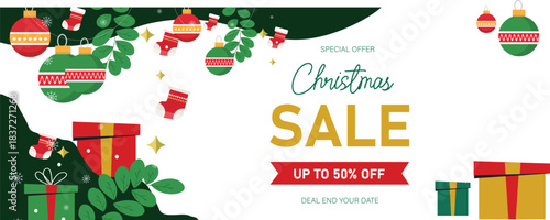 merry christmas sale offer banner with winter night christmas decorative element , gift box, tree, leaf, bell, snowflakes, 
