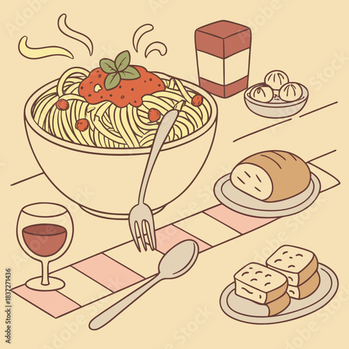 Illustration of delicious pasta with all accompaniments 