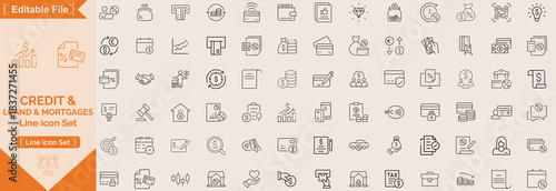 Credit Loans line icon set. Minimalist Loan & Financing line icons set editable stroke, featuring mortgage, bank, calculator, cars, deposit, convenience loan, applicant, interest rate, loan payday. 