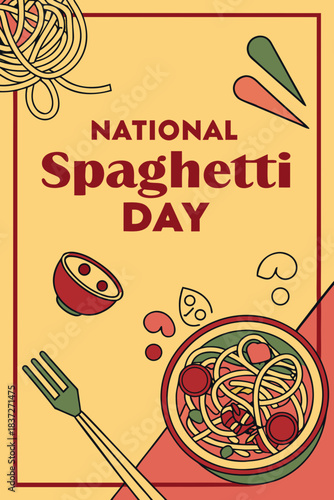 National Spaghetti Day illustration with pasta dish and ingredients
