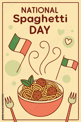 National Spaghetti Day illustration with Italian flags and food
