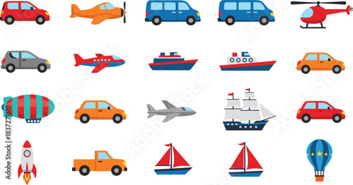 Cartoon transportation vehicle vector set with cars planes ships helicopters rockets and hot air balloons