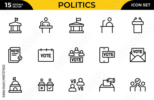 Politics line icon set. Decrees, Votes, Campaigns,  Elections, Flags, Solutions, and Checking. Thin outline icons pack. Vector illustration