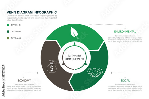 Sustainable procurement infographic template. Green circular diagram with three pillars including economic viability, environmental stewardship and social accountability. Vector illustration 