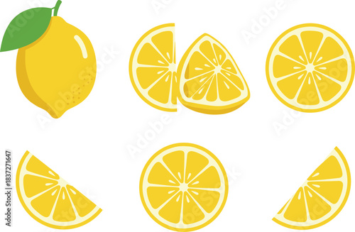 Vector illustration of a bright yellow whole lemon with a green leaf, and various cross-sections and slices of the lemon, symbolizing freshness, citrus, and natural flavor.