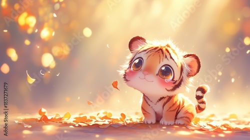 Adorable Baby Tiger in Enchanting Autumn Glow Forest Scene