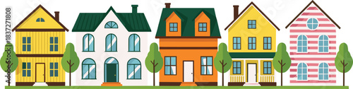 Row of colorful houses with trees in a charming suburban neighborhood scene illustrated in modern flat vector design
