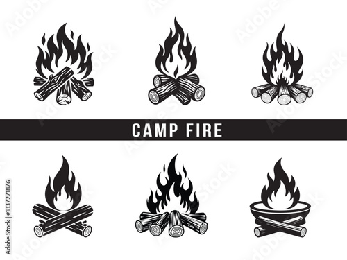 Six distinct black and white camp fire icons perfect for outdoor designs
