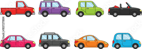 Colorful car vector set with different vehicle types isolated transportation icons in flat cartoon style