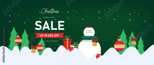 merry christmas sale offer banner with winter night christmas decorative element , gift box, tree, leaf, bell, snowflakes, 

