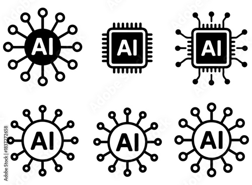 ai processor chip line icon set