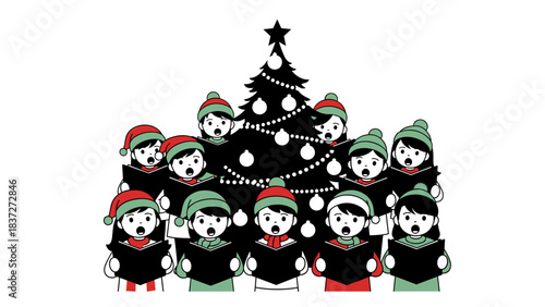 Children choir singing christmas carol near decorated tree