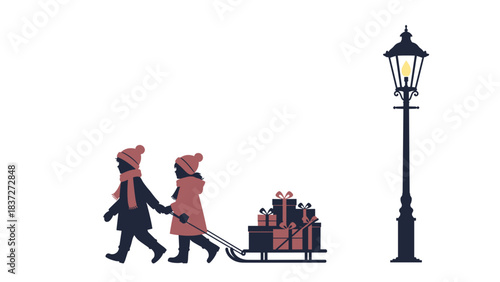 Children pulling a sleigh full of gift box