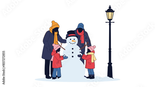 Family building a snowman outdoors next to a vintage street lamp