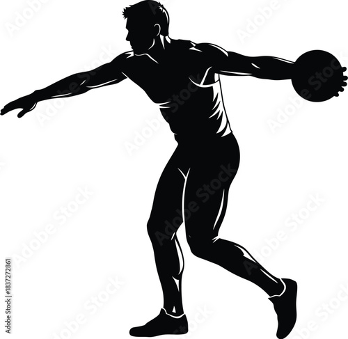 Silhouette of a male athlete in the process of throwing a discus during a track and field event.