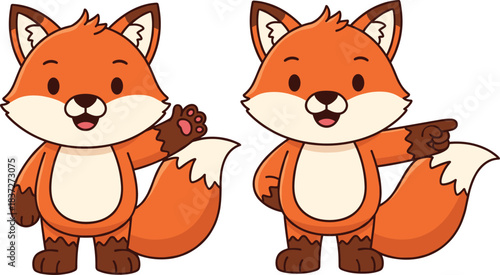 Cute fox cartoon character vector set with friendly animal mascots waving and pointing gestures