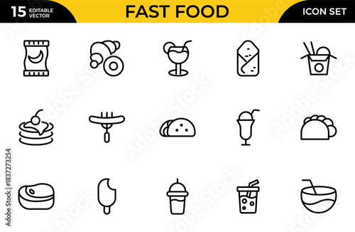 Fast Food line vector icon set. The set contains icons: Fast Food, Fast Food Restaurant, Pizza, Burger. Thin outline icons pack. Vector illustration