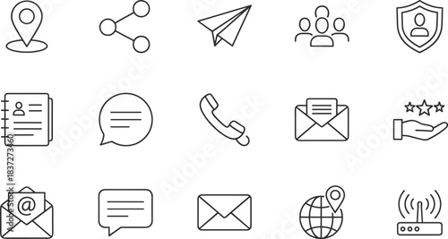 Contact communication line icons set with location pin, sharing, phone call, email message, chat bubble, address book, global connection, secure customer support