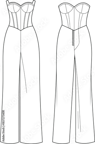 Elegant corset-style jumpsuit fashion flat sketch featuring structured bodice, wide-leg pants, seam detailing, and clean front and back technical illustration for apparel design.